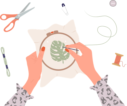 Female hands with needle and thread  Illustration
