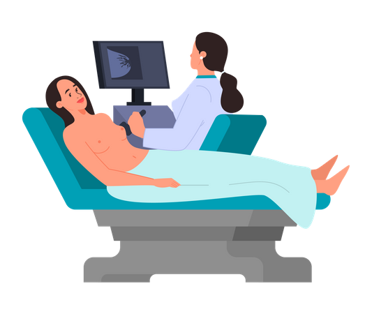 Female having a breast cancer diagnostic ultrasound procedure  Illustration