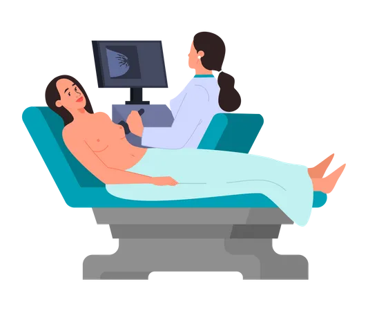 Female having a breast cancer diagnostic ultrasound procedure  Illustration