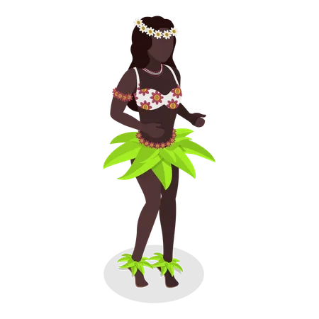 3 D Isometric Flat Vector Set Of Hawaiian Dancers Characters In Polynesian Costume Item 1 Illustration