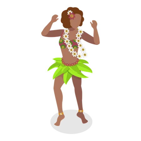 3 D Isometric Flat Vector Set Of Hawaiian Dancers Characters In Polynesian Costume Item 6 Illustration
