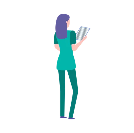 Female Doctor Wearing Green Uniform And Holding A Clipboard With Medical Paperwork Female Medical Worker With Purple Hair Healthcare Hospital Vector Illustration