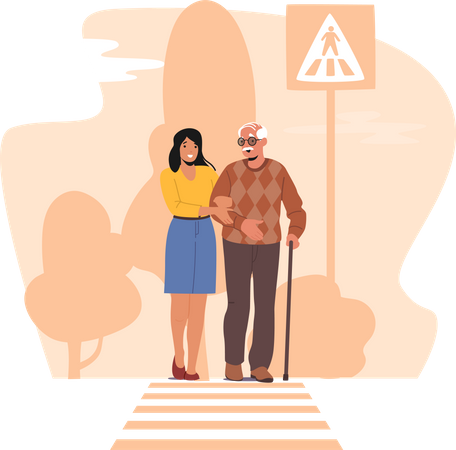 Female Help for Elderly Man with Walking Cane to Cross Road  Illustration
