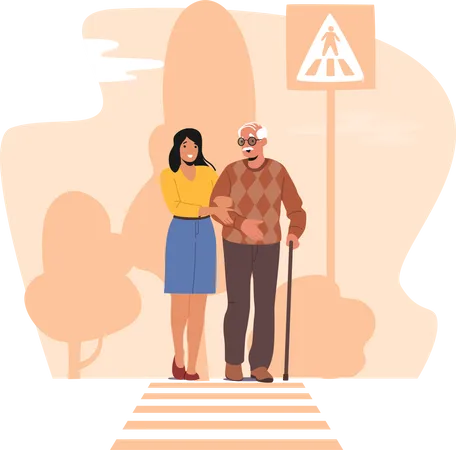 Female Help for Elderly Man with Walking Cane to Cross Road Illustration
