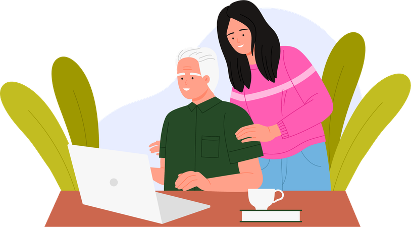 Female helping old man to Learn Computer  イラスト