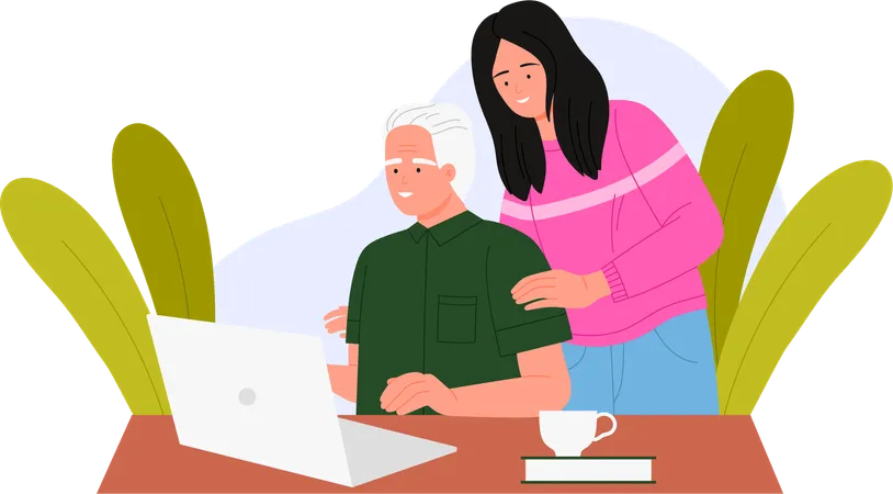 Female helping old man to Learn Computer  Illustration
