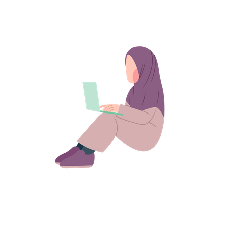 Female Hijab Student learning online on laptop  Illustration