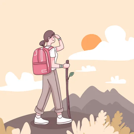 Teenage Female Adventurer Enjoy To Hiking And Climbing In Cartoon Character Flat Vector Illustration Illustration