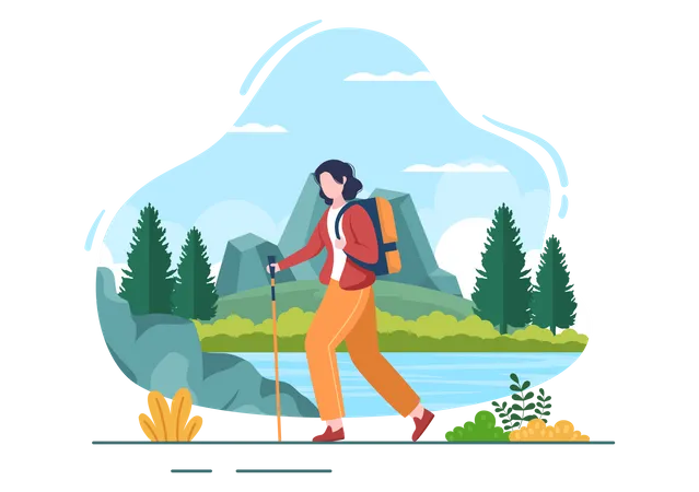Adventure Tour On The Theme Of Climbing Trekking Hiking Walking Or Vacation With Forest And Mountain Views In Flat Nature Background Poster Illustration イラスト