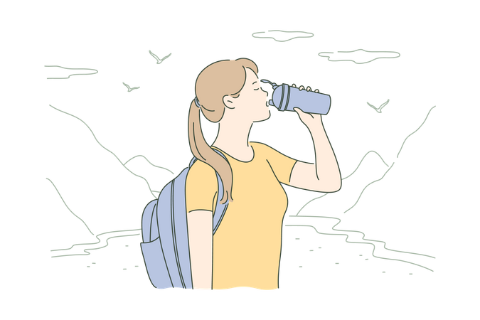 Female hiker drinking water  Illustration