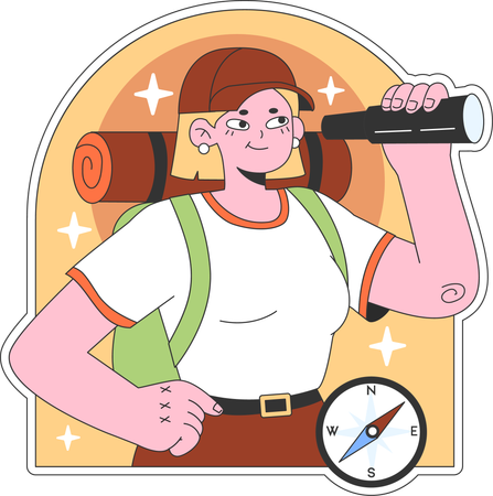 Female hiker finding location using telescope  Illustration