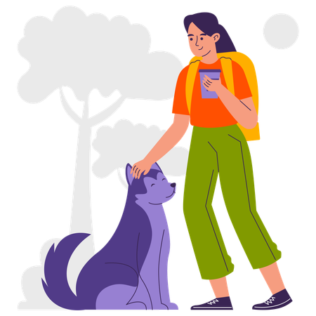 Female hiker playing with animals on the trail  Illustration