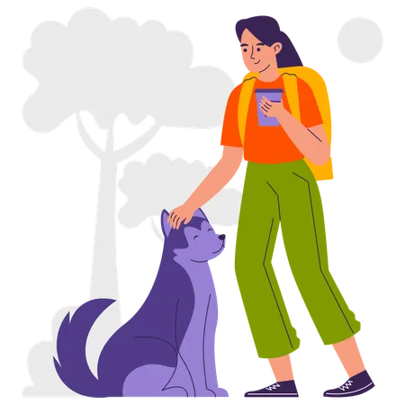 Female hiker playing with animals on the trail  Illustration