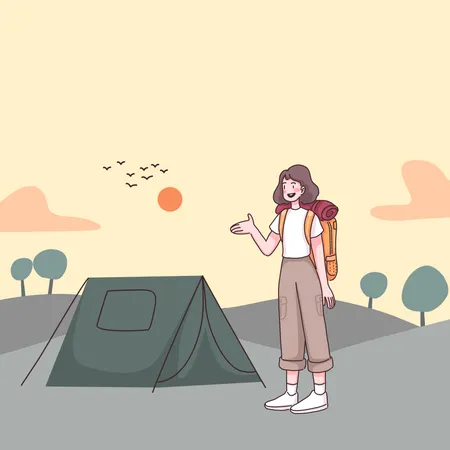 Young Backpacker Female Preparing Tent To Camping In Nature Forest In Cartoon Character Flat Vector Illustration Illustration