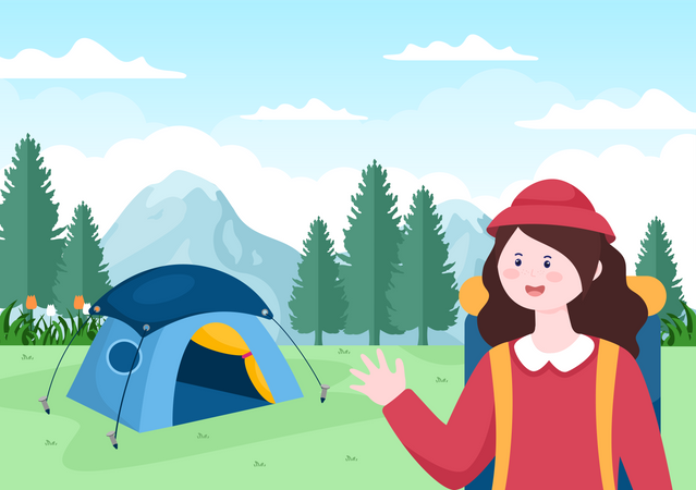 Female Hiker setting up camp  Illustration