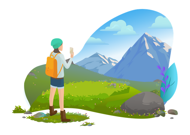 Female hiker taking photo on mobile  Illustration