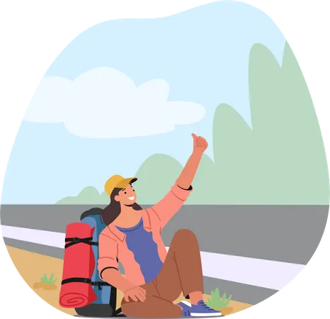 Female Hitchhiker Sitting With Backpack By Roadside With Extended Thumb  Illustration