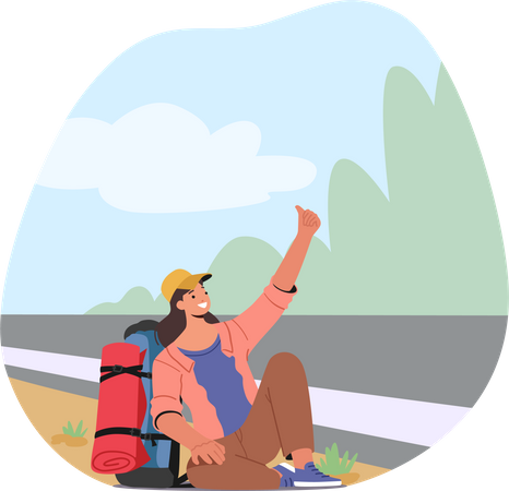 Female Hitchhiker Sitting With Backpack By Roadside With Extended Thumb Illustration