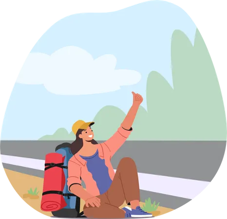 Female Hitchhiker Sitting With Backpack By Roadside With Extended Thumb Illustration