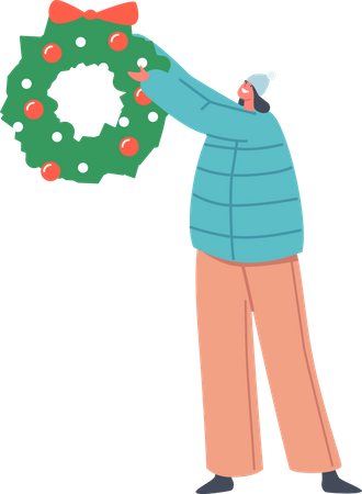 Female Hold Festive Xmas Wreath Made of Spruce Branches Illustration