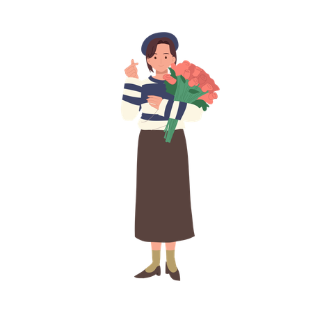 Female holding a beautiful rose bouquet  Illustration