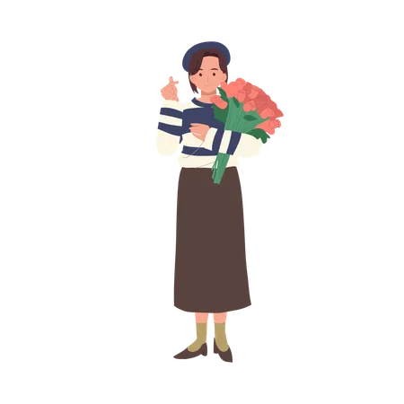 Female holding a beautiful rose bouquet  Illustration