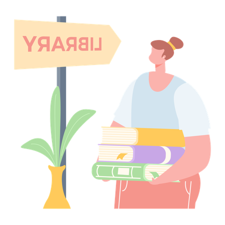 Female Holding Book and standing near library  Illustration