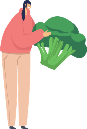 Female Holding Broccoli in Hands  Illustration