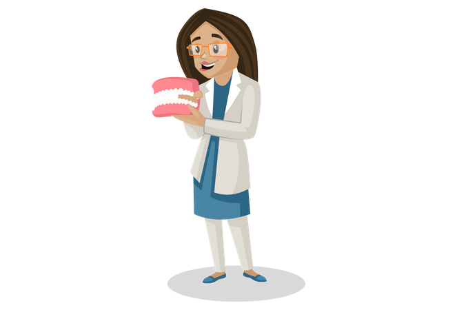 Female holding Dentures in her hand  Illustration