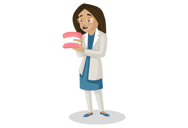 Female holding Dentures in her hand  Illustration