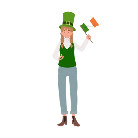 St Patricks Day Festive Joyful Woman With Irish Flag Illustration