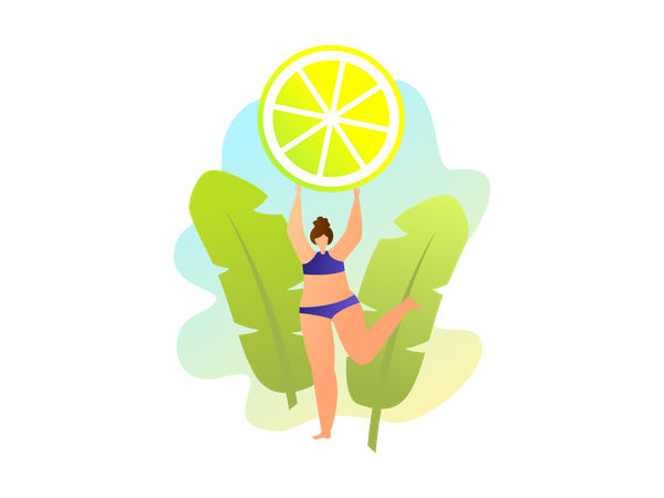 Female holding lemon slice in hand  Illustration