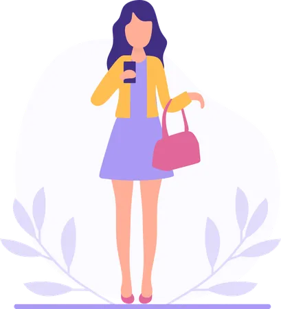 携帯電話とハンドバッグを持っている女性  イラスト