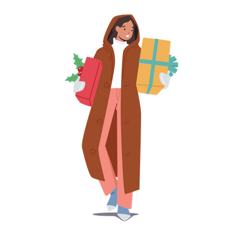 Female Holding Presents For Winter Holidays Celebration  Illustration