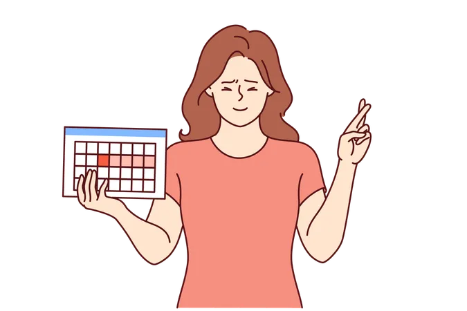 Female hormonal calendar in hands of girl crossing fingers in hope of successfully conceiving child  Illustration