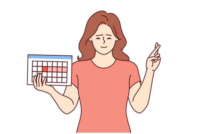 Female hormonal calendar in hands of girl crossing fingers in hope of successfully conceiving child  Illustration