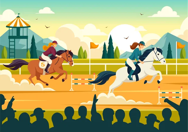 Horse Racing Competition Vector Illustration With Equestrian Performance Sport And Rider Or Jockeys In A Racecourse On Flat Cartoon Background 일러스트레이션