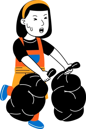 Woman House Cleaner Carry Rubbish In Plastic Illustration