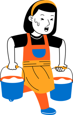 Female house cleaner carry water buckets  Illustration