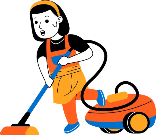 Woman House Cleaner Cleaning Floor Using Vacuum Cleaner Illustration