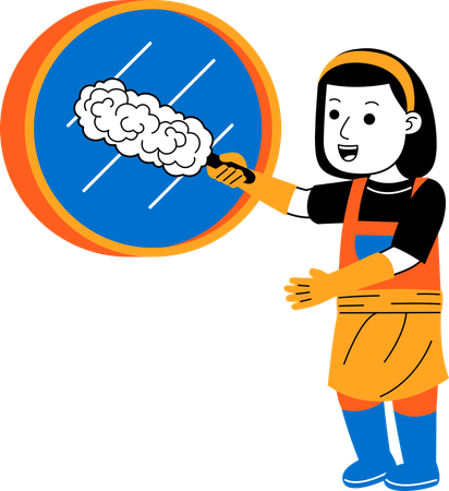 Female house cleaner cleaning mirror  Illustration