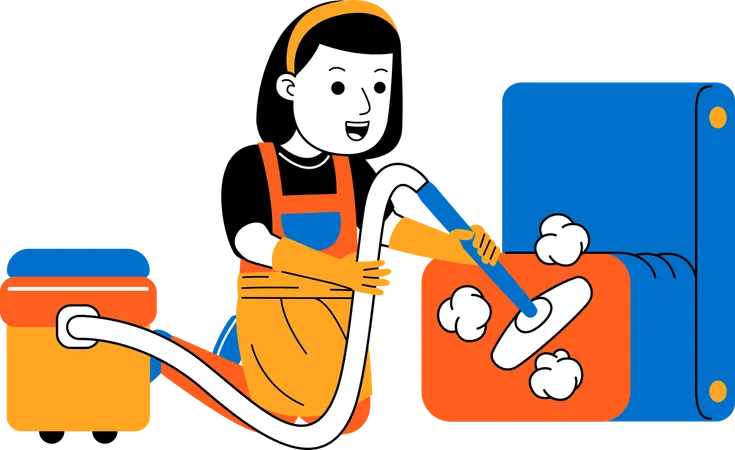 Female house cleaner cleaning sofa  イラスト
