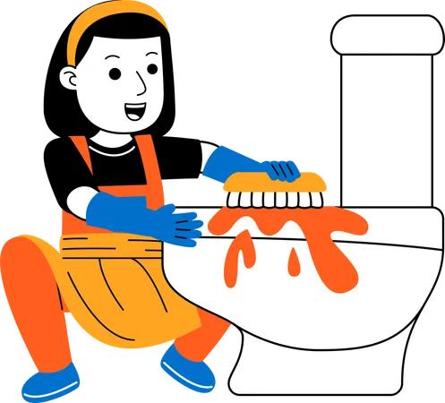 Female house cleaner cleaning toilet  Illustration