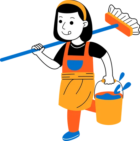 Woman House Cleane Get Ready To Mop Floor Illustration
