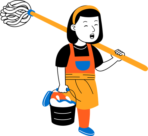 Female house cleaner get ready to mop floor  Illustration