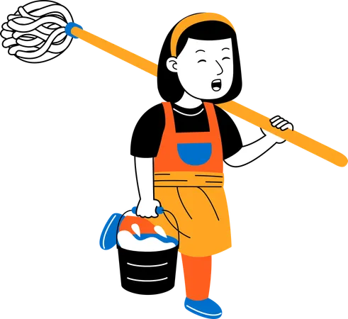 Female house cleaner get ready to mop floor  Illustration