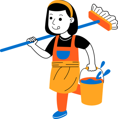 Female house cleaner get ready to mop floor  Illustration