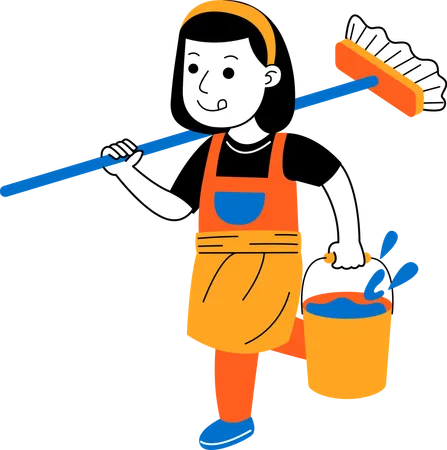 Female house cleaner get ready to mop floor  Illustration