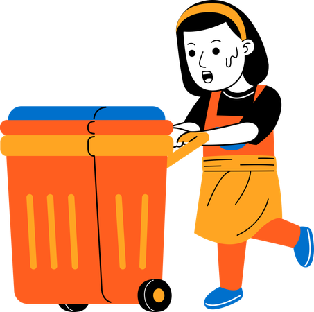 Female house cleaner pushing trash can  イラスト