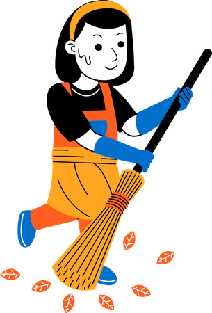 Female house cleaner sweeping yard  Illustration